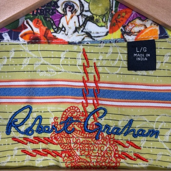 Robert Graham Striped Floral Embroidered Button-Up Shirt-Green/Blue-Men Large - Picture 7 of 9